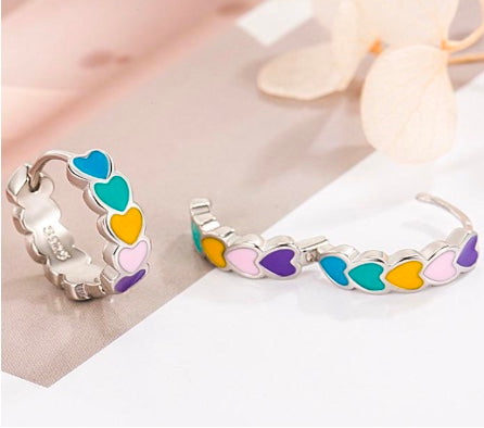 925 Sterling Silver Multicolor Heart Huggie Earrings