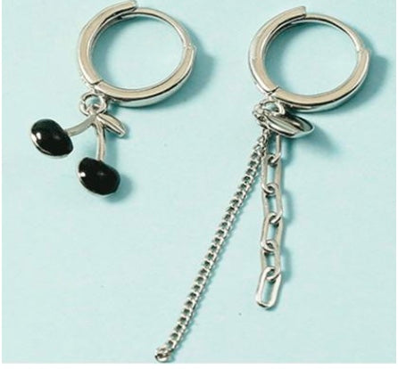 925 Sterling Silver Asymmetrical Cherry & Chain Hoop Earrings