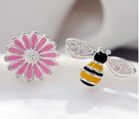 925 Sterling Silver Bee & Flower Stud Earrings