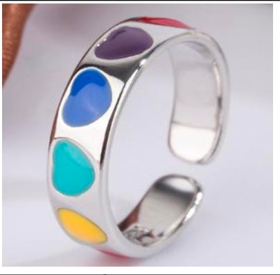 925 Sterling Silver Rainbow Hearts Ring