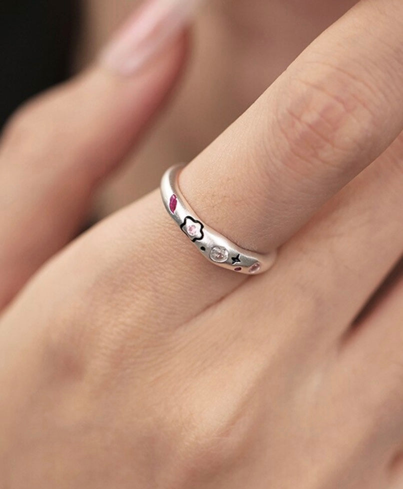 925 Sterling Silver Pink Accents Adjustable Ring