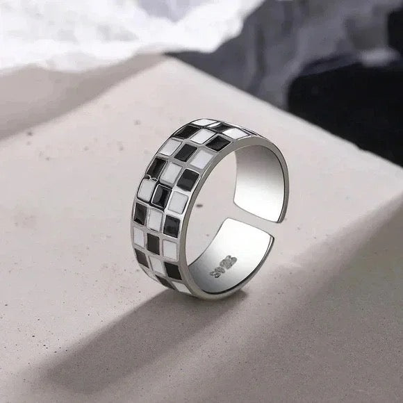 925 Sterling Silver Checkerboard Adjustable Ring