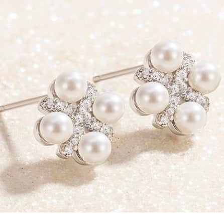 925 Sterling Silver Pearl & CZ Floral Stud Earrings