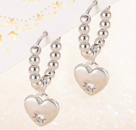 925 Sterling Silver Beaded Heart Dangle Earrings