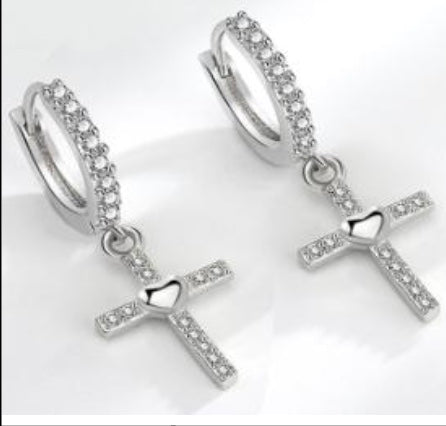 925 Sterling Silver Cross & Heart Dangle Huggie Earrings