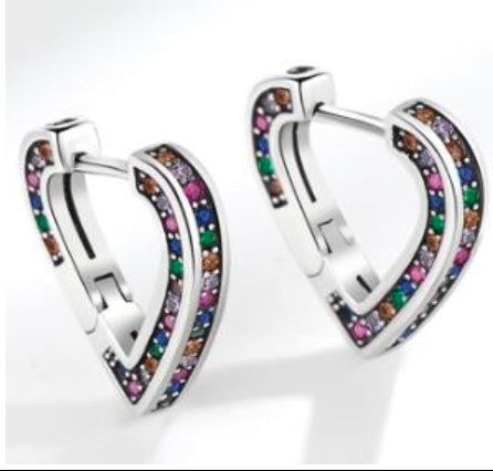 925 Sterling Silver Colorful Heart Huggie Hoop Earrings