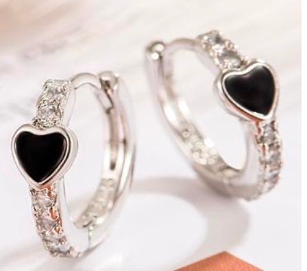 925 Sterling Silver Black Heart & CZ Huggie Earrings