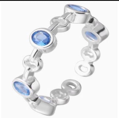 925 Sterling Silver  Blue CZ Linked  Adjustable Ring