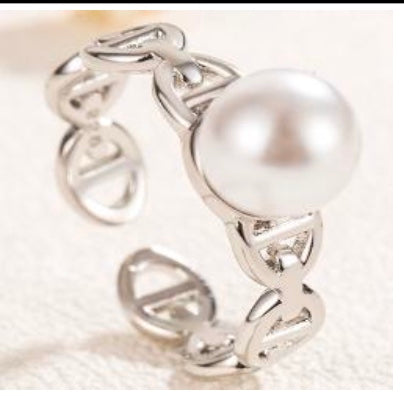 925 Sterling Silver Pearl Chain Open Ring