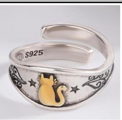 925 Sterling Silver Cat Magical Adjustable Ring