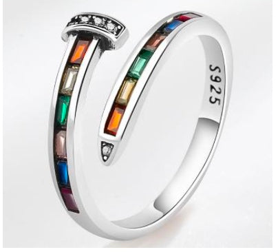 925 Sterling Silver Rainbow Gemstone Open Ring