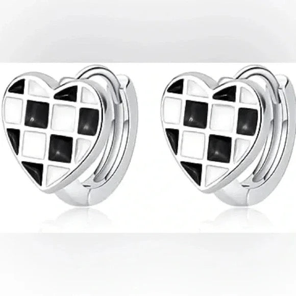 Sterling Silver 925 Heart Huggie Earrings – Checkerboard Design