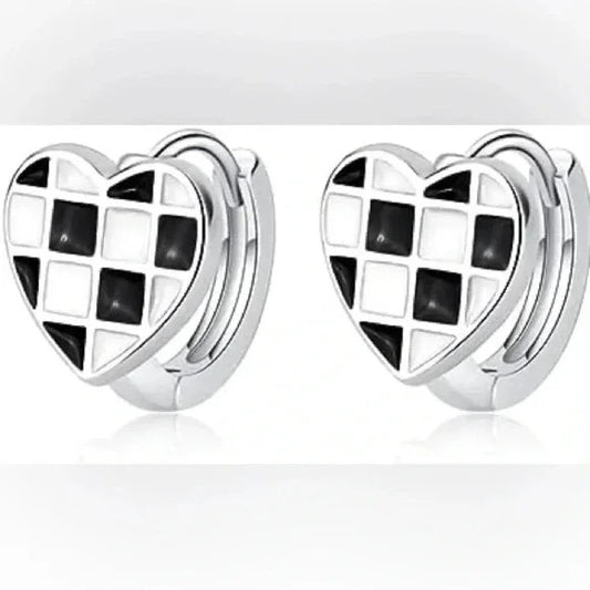 Sterling Silver 925 Heart Huggie Earrings – Checkerboard Design