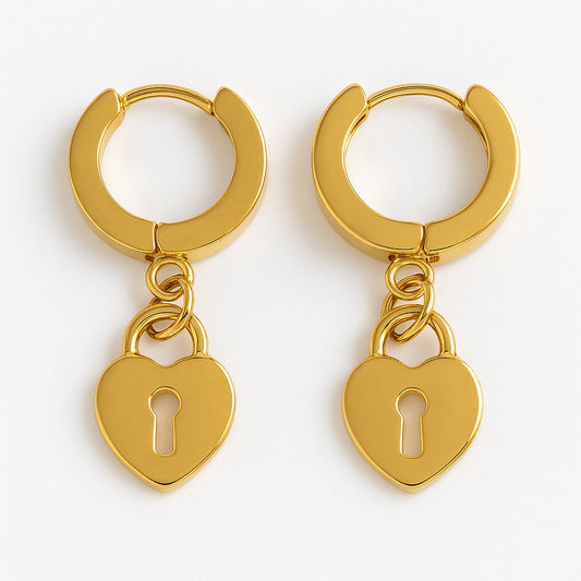 Gold-Tone Heart Lock Huggie Hoop Earrings