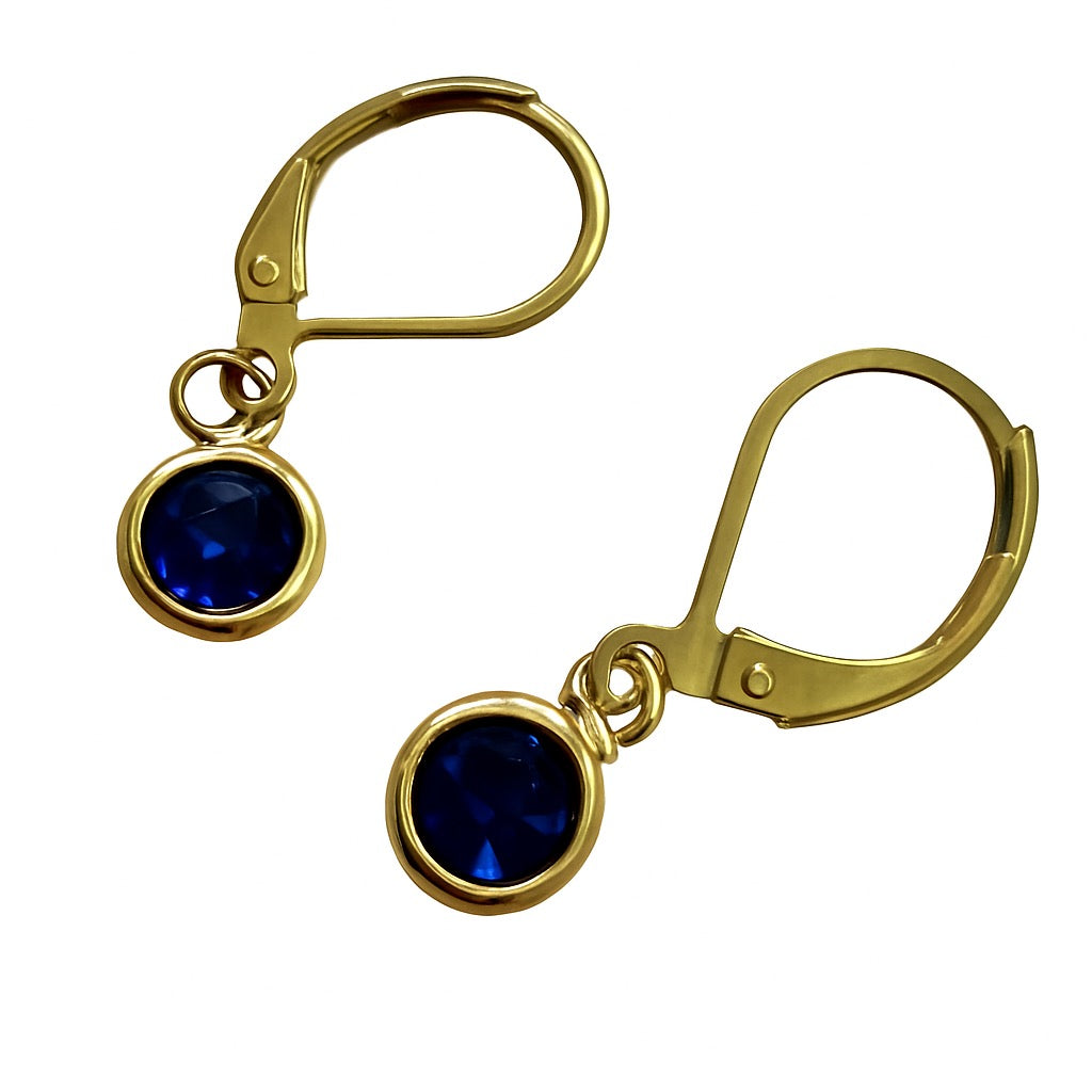 Gold-Tone Leverback Earrings with Deep Blue Crystal
