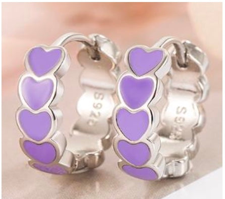 925 Sterling Silver Color Enamel Heart Hoop Earrings
