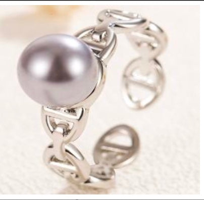 925 Sterling Silver Pearl Chain Open Ring