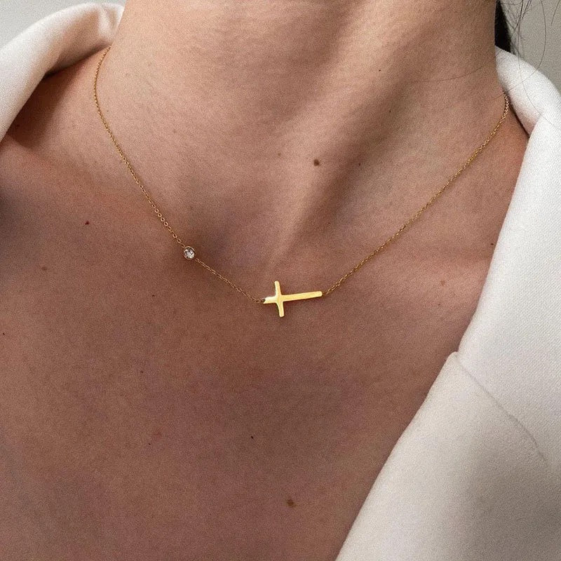 Gold Side Cross Necklace